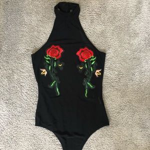 High neck mesh body suit with floral detail